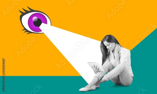 Big eye spying of person use telephone