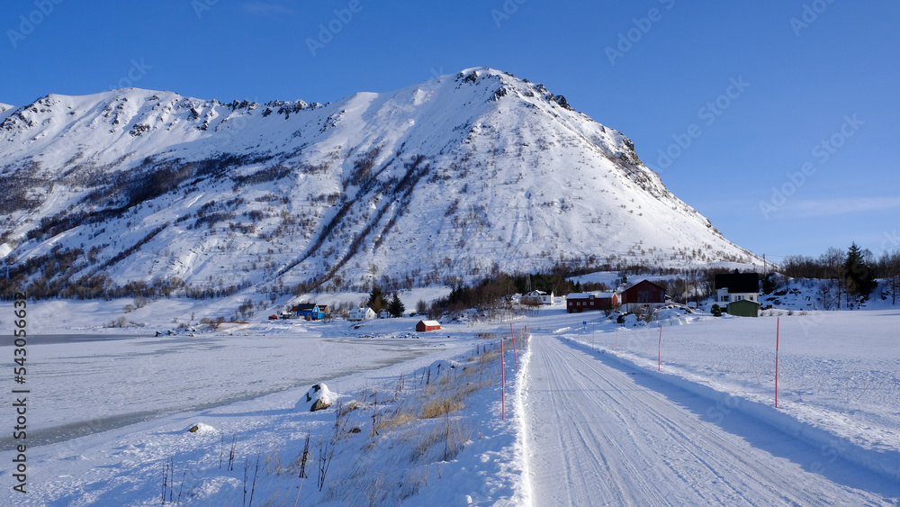 Frozen road and mountains, Lofoten Islands, North Norway