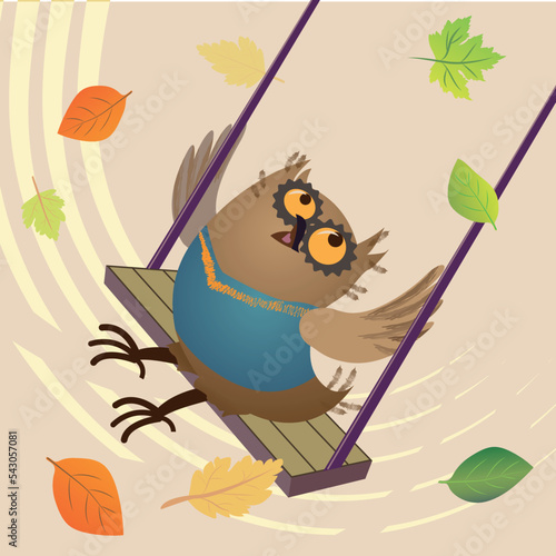 Owl schoolboy on a swing surrounded by autumn leaves, vector illustration
