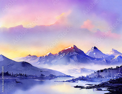 Panorama view of snowy mountains, beautiful sunset, watercolors sunrise, illustration, nature, greeting card, winter, season, card