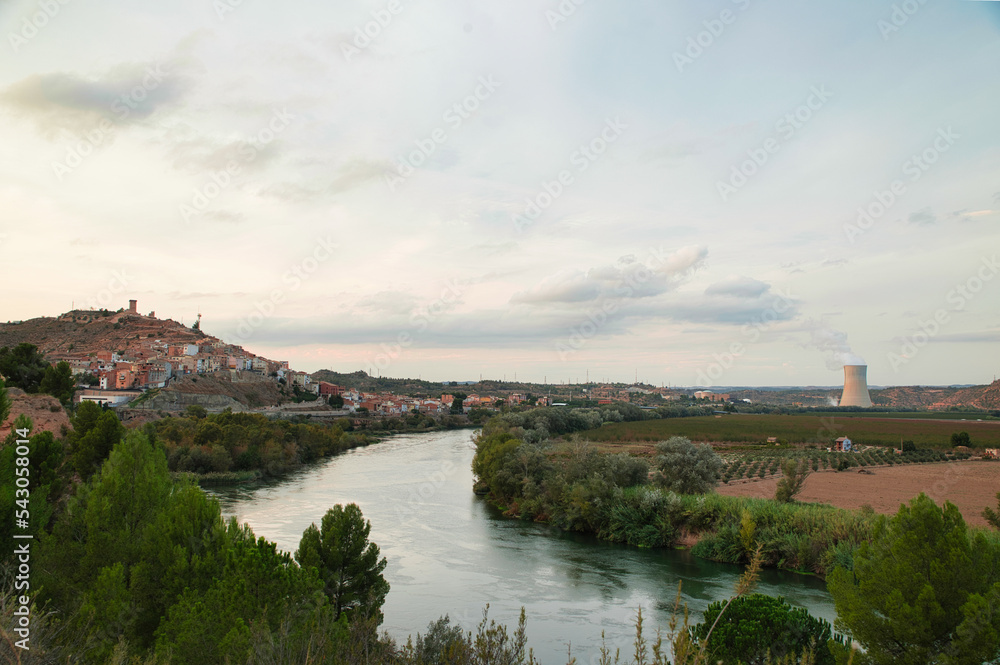 Landscape of the thermal power plant together with the Ebro river and the town of Ascó, Tarragona Spain.