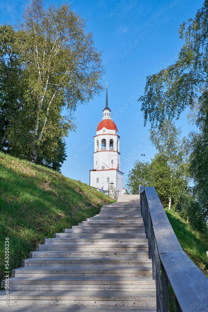 Russia. Town of Totma. Belfry of the Assumption Church. View from the foot of the wooden stairs on the Kuskov embankment