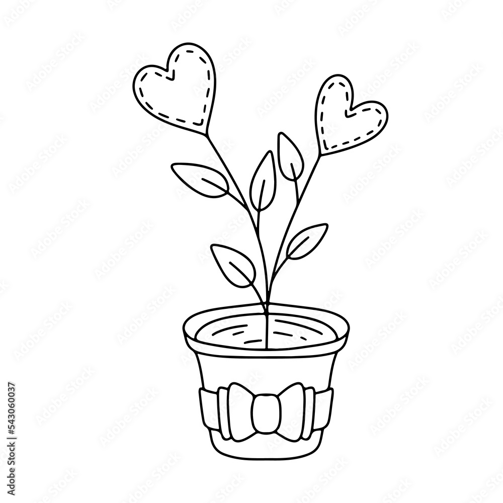 Hearts plant in ceramic pot. Hand drawn doodle illustration. Isolated vector on white. Hearts plant in ceramic pot. Hand drawn doodle illustration. Isolated vector on white.