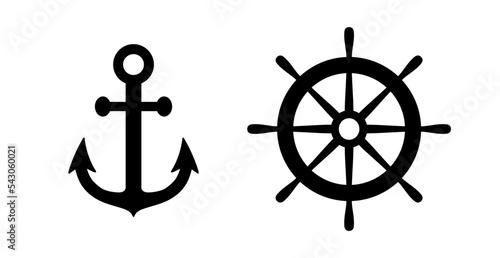 Anchor and helm ship icon. Black silhouette wheel and anchor isolated on white background. Simple outline for design travel print. Sailing graphic elements. Sea symbol steering. Vector illustration