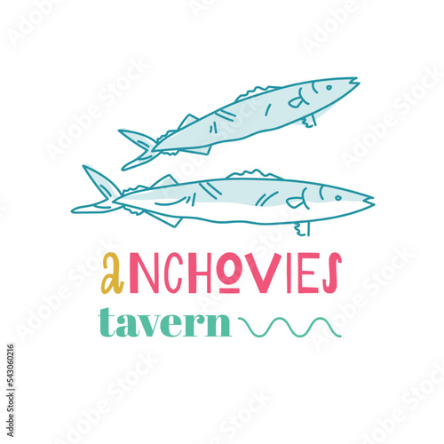 Logo template with anchovies for fish restaurant or tavern on white background drawn by hand drawn lines. Emblem for the menu of fish restaurants, bistro, markets and shops. Vector illustration