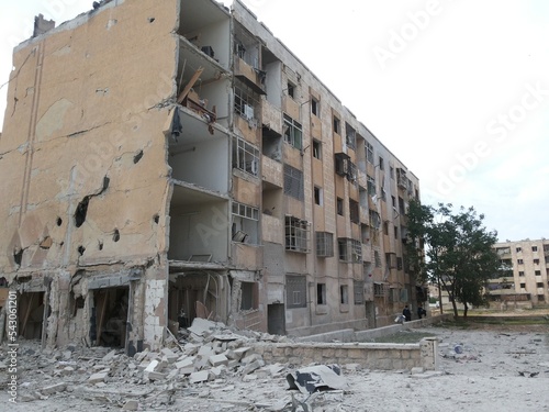 Zerstörte Gebäude in Aleppo, Syrien im Jahr 2013 im Bezirk Masaken Hannano.