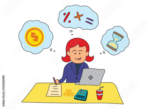 Vector Illustration kids drawing of Female accountant at working place with laptop, money, calculator and documentation in a cartoon style