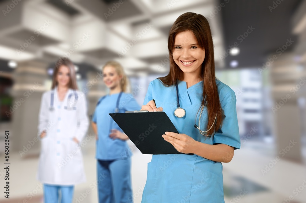 Happy young student in medical university background Happy young student in medical university background