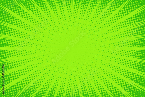 Comic background. Pop art texture. Starburst cartoon style. Anime design with explosion effect for print. Fun dot pattern. Green backdrop with halftone gradient. Funny line frame. Vector illustration