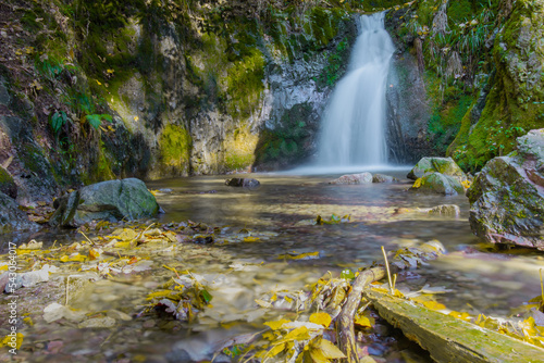 Fototapeta Naklejka Na Ścianę i Meble -  Fließender Wasserfall in einer Langzeitbelichtung im Herbst im Schwarzwald