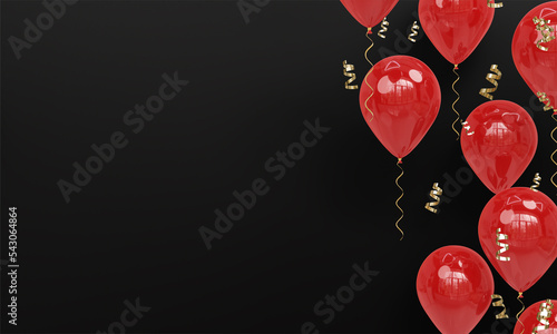 Photography Black Background with Realistic Red Balloons Celebration 3D Render