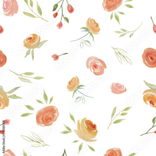 Watercolor  seamless pattern with  abstract orange leaves  branches. Hand drawn floral illustration isolated on white background. For packaging  wrapping design or print. Vector EPS.