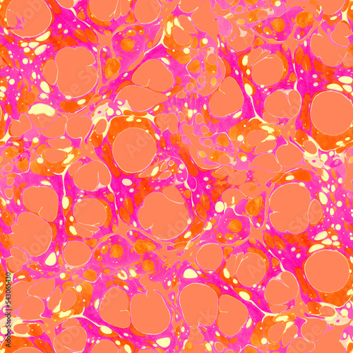 Orange abstract ebpu style seamless texture with bubbles and spotes. Perfect for textile, package, packaging, fabric, wall decor, wallpaper. Contemporary Liquid Art. photo