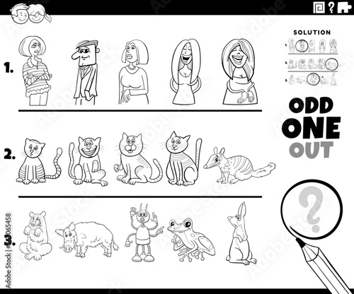 odd one out task with cartoon characters coloring page