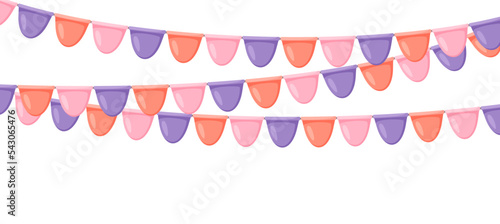 Celebration flag garland bunting. Pink, violet, orange pennants chain. Party flags decoration for wedding, birthday, baby shower, bridal shower, Christmas. Vector in cartoon style