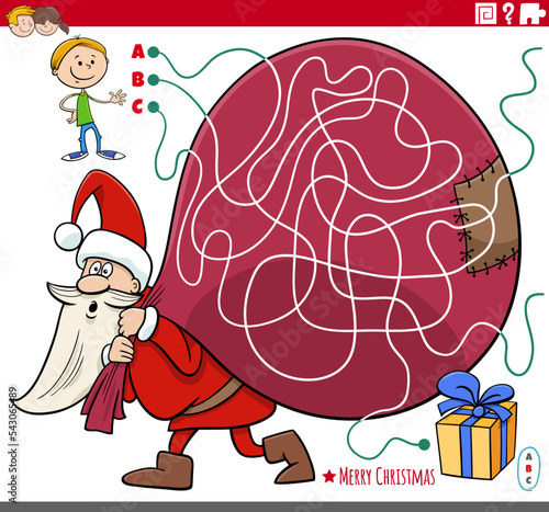 maze game with cartoon Santa Claus with sack of gifts and boy