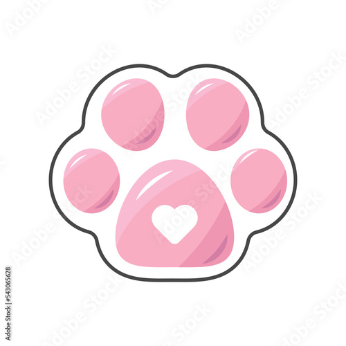Vector Cute dog cat paw logo icon for pet shop, zoo, print, children, textile, grooming salon. Animal paw with heart pink color trendy and cute. Paw sticker	
