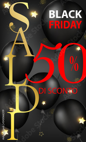 Carta o banner del Black Friday con sconti fino al 50% in rosso bianco e oro su sfondo nero sfumato con palloncini neri e stelle dorate