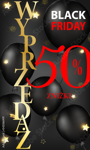 Czarny piątek karta lub baner ze zniżkami do 50% w kolorze czerwono-białym i złotym na czarnym tle gradientowym z czarnymi balonami i złotymi gwiazdami