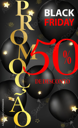 Cartão ou banner Black Friday com descontos de até 50% em vermelho branco e dourado em um fundo gradiente preto com balões pretos e estrelas douradas