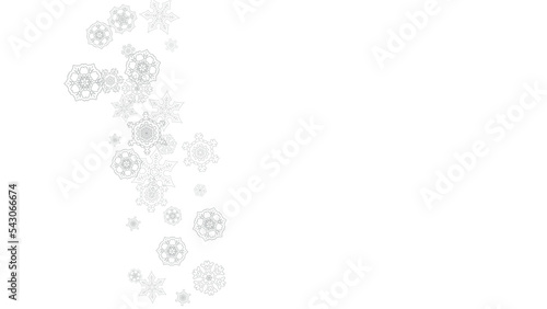 Snowflakes falling on white background. Horizontal Christmas and Happy New Year theme. Silver falling snowflakes for banner, gift card, party invitation, partner compliment and special business offers