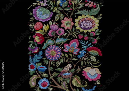 Fantasy flowers in retro, vintage, jacobean embroidery style. Seamless pattern, background. Vector illustration. Multicolor on black background.