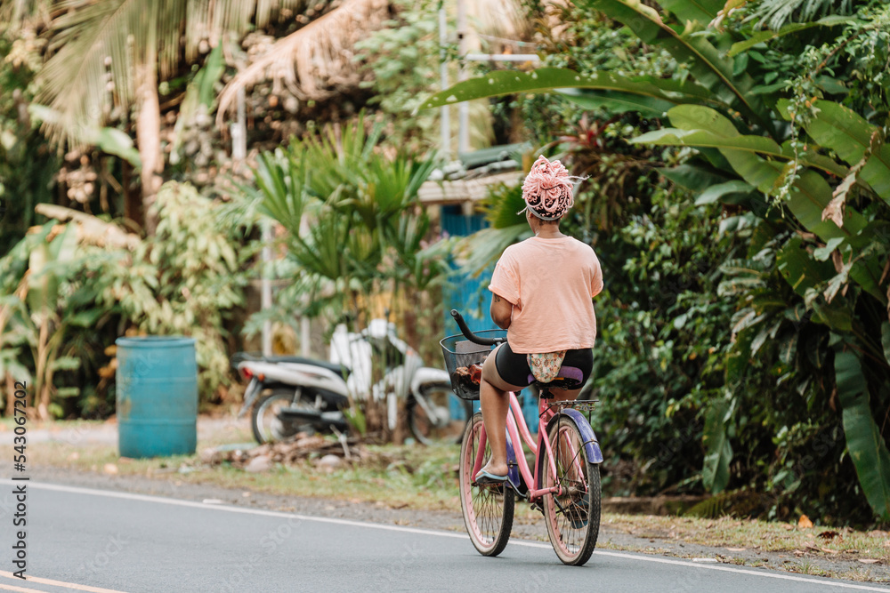 Fototapeta premium Imagen horizontal desde atrás de una joven mujer afroamericana con cabello rosado andando en bicicleta por la calle en un día de verano. 