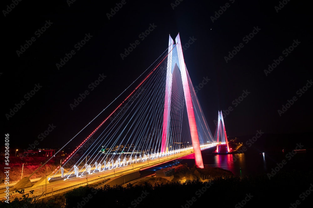 Yavuz Sultan Selim Bridge night exposure, İstanbul, Turkey. Yavuz Sultan Selim Bridge in Istanbul, Turkey. 3rd Bosphorus Bridge and Northern Marmara Motorway.