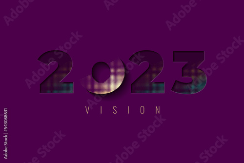 2023 Vision Fading and Cut Numerals Logo with Golden Halftone Effect and Lettering - Gold and Multicolor on Purple Background - Mixed Graphic Design