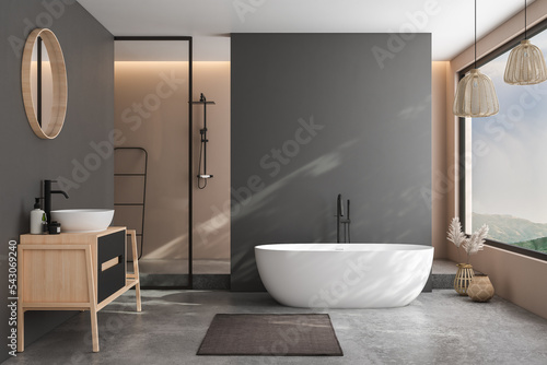 Modern minimalist bathroom interior  modern bathroom cabinet  white sink  wooden vanity  interior plants  bathroom accessories  bathtub and shower  black and beige walls  concrete floor. 3d rendering