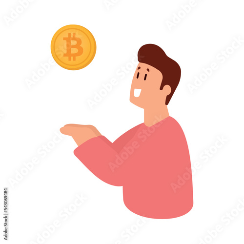 Portrait of happy smiling cartoon character man in pink shirt holding bitcoin isolated over white background. Blockchain and cryptocurrency investment concept.illustration.