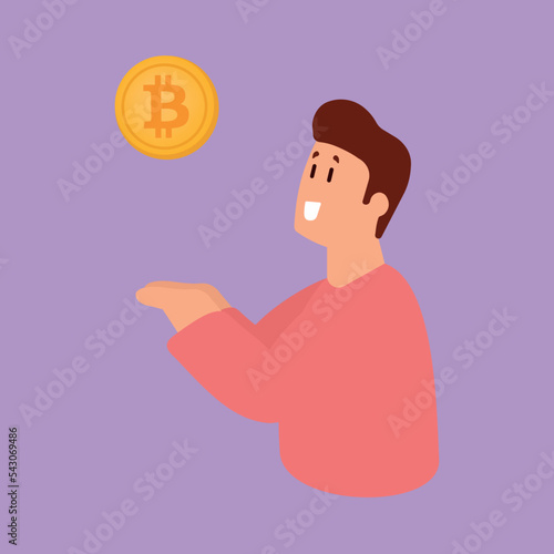 Portrait of happy smiling cartoon character man in pink shirt holding bitcoin isolated over purple background. Blockchain and cryptocurrency investment concept.illustration.