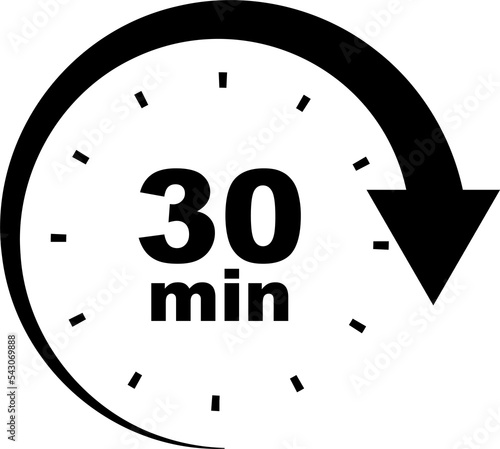 30 min timer. Stopwatch symbol in png. Countdown sign. 30 minutes clock photo