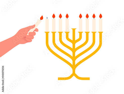 Hand hold candle and lights the menorah for Jewish festival of lights Hanukkah, isolated vector illustration
