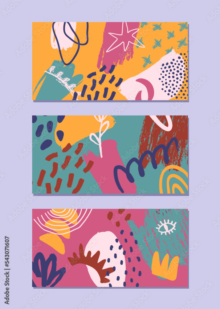 Set of horizontal backgrounds with stains, textures and geometric shapes. Bright colors. Hand drawn vector pattern.