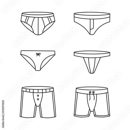 Collection fashion lingerie. Underpants outline sketch set. Woman and men underpants. Classic boxers, trunks, bikini, strings, thong. Swimwear icons