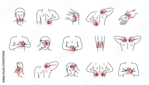 Human body pain sketch set. Ache in head, neck, shoulder, knee, chest, abdomen, wrist, back, elbow. Arthritis and rheumatism, joint pain illustration.