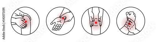 Pain in different human joints. Ache in knee and wrist. Pain in different part of human body. Health problems in muscle pain and joints problems.