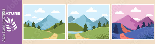 Mountain landscape with green hills, sandy road, lake, green forest and natural valley. Mountain landscape set concept. Colored flat graphic vector illustration isolated.