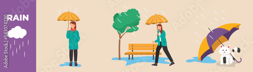 Woman with rain coat holding umbrella and walking and cat under the umbrella. Monsoon season equipment set concept. Colored flat graphic vector illustration isolated.