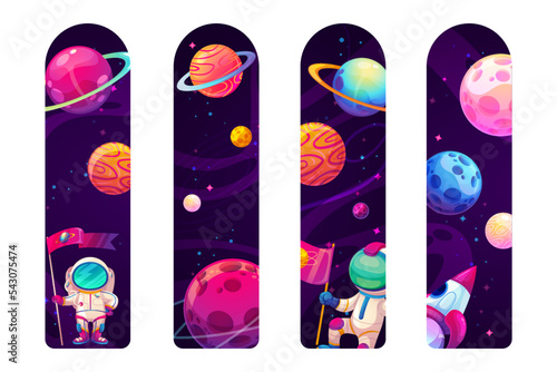 Vector illustration Set of four bookmarks decorated with colorful space elements. Bookmarks with modern creative design for children printable template