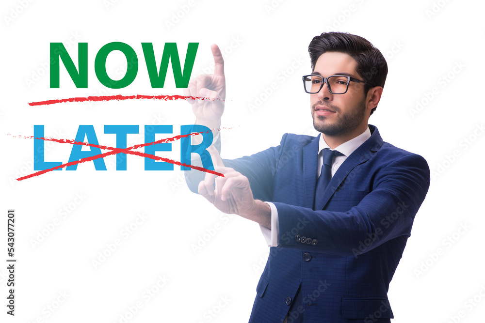 Concept of procrastination with now or later Concept of procrastination with now or later