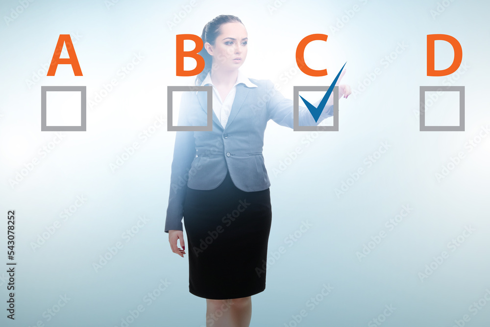 Multiple choice test question concept with business people Multiple choice test question concept with business people