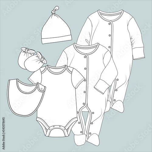 Newborn set vector flat sketch, Bodysuit, Gloves, Apron, Newborn Cap, Sleepsuit, Baby Romper illustration