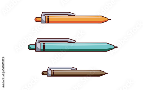 Horizontal View Of Ball Point Pen Icons, Colorful Office Stationery Cartoon Design Vector Illustration. 