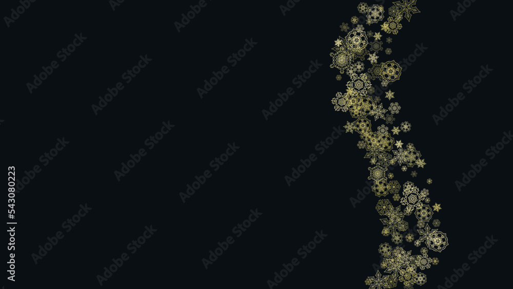 Gold snowflakes frame on black background. New year theme. Horizontal shiny Christmas frame for holiday banner, card, sale, special offer. Falling snow with gold snowflake and glitter for party invite