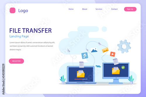 file transfer concept, backup data, technology cloud, upload and download, Flat vector template