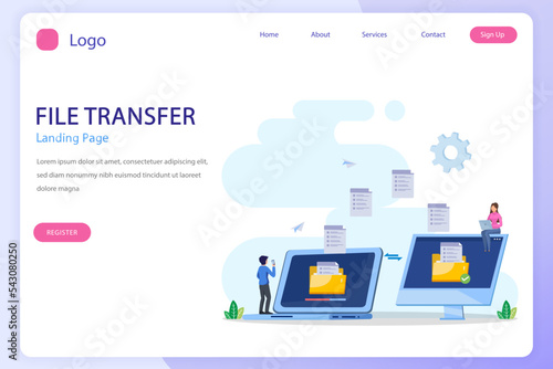 file transfer concept, backup data, technology cloud, upload and download, Flat vector template