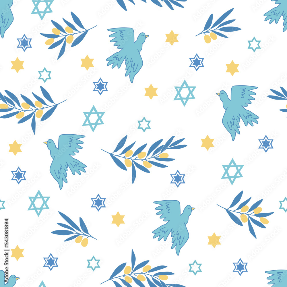 Seamless pattern with stars, birds and olives branches. Perfect for wrapping paper, greeting cards, wallpaper. Jewish holidays. Hanukkah print Seamless pattern with stars, birds and olives branches. Perfect for wrapping paper, greeting cards, wallpaper. Jewish holidays. Hanukkah print