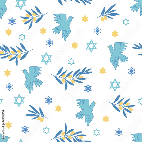 Seamless pattern with stars  birds and olives branches. Perfect for wrapping paper  greeting cards  wallpaper. Jewish holidays. Hanukkah print